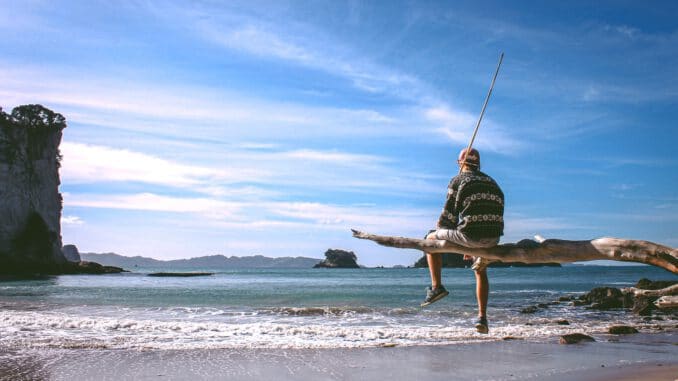 person sitting on driftwood near seashore during daytime