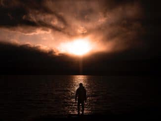 silhouette of 2 person standing on sea shore during sunset